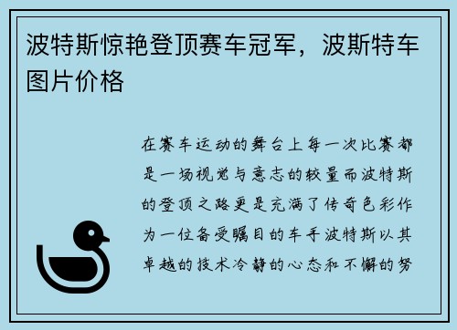 波特斯惊艳登顶赛车冠军，波斯特车图片价格
