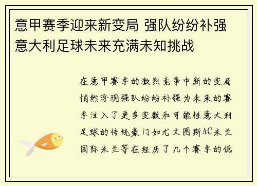 意甲赛季迎来新变局 强队纷纷补强 意大利足球未来充满未知挑战