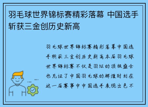 羽毛球世界锦标赛精彩落幕 中国选手斩获三金创历史新高