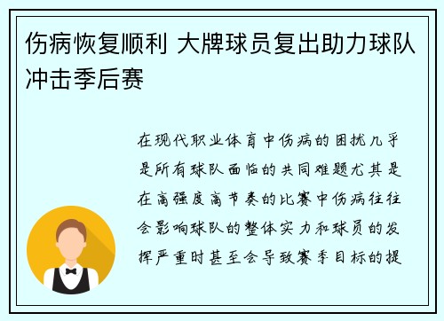 伤病恢复顺利 大牌球员复出助力球队冲击季后赛