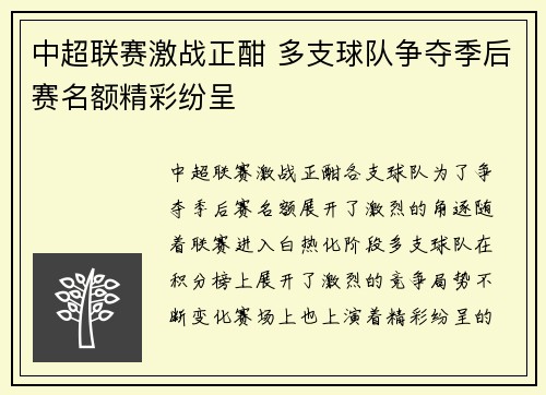 中超联赛激战正酣 多支球队争夺季后赛名额精彩纷呈