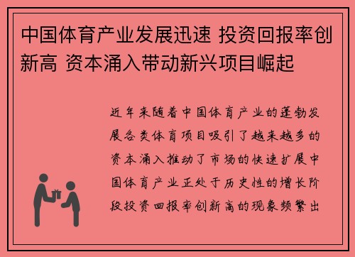 中国体育产业发展迅速 投资回报率创新高 资本涌入带动新兴项目崛起